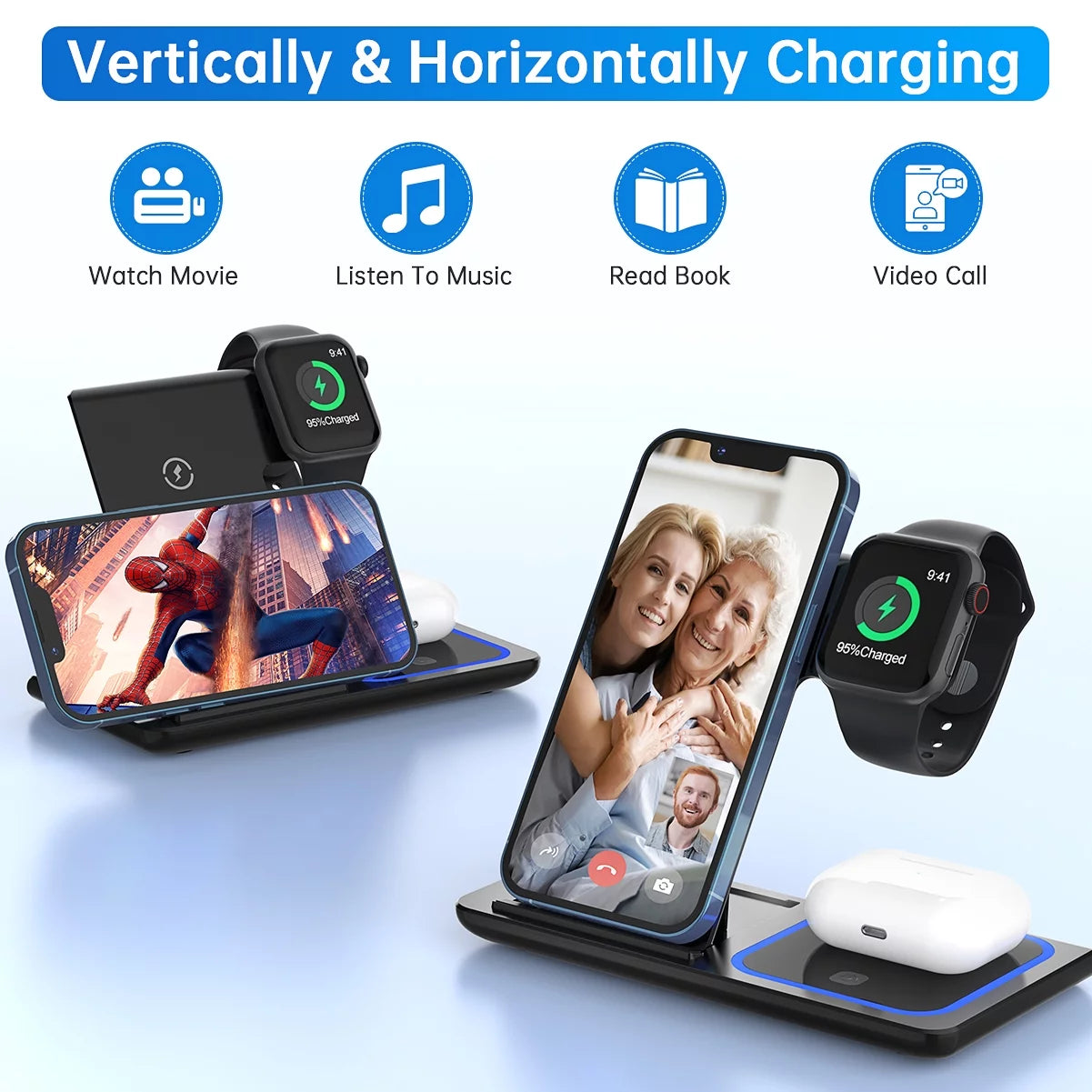 3-in-1 Fast Wireless Charger for iPhone, Apple Watch, and AirPods (QC3.0 Adapter Included)