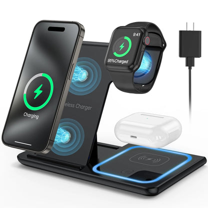 3-in-1 Fast Wireless Charger for iPhone, Apple Watch, and AirPods (QC3.0 Adapter Included)