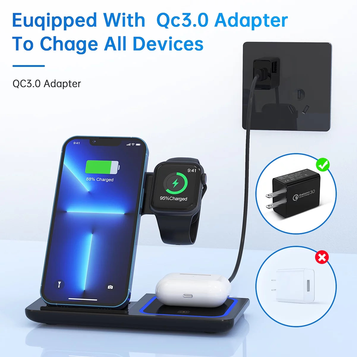 3-in-1 Fast Wireless Charger for iPhone, Apple Watch, and AirPods (QC3.0 Adapter Included)